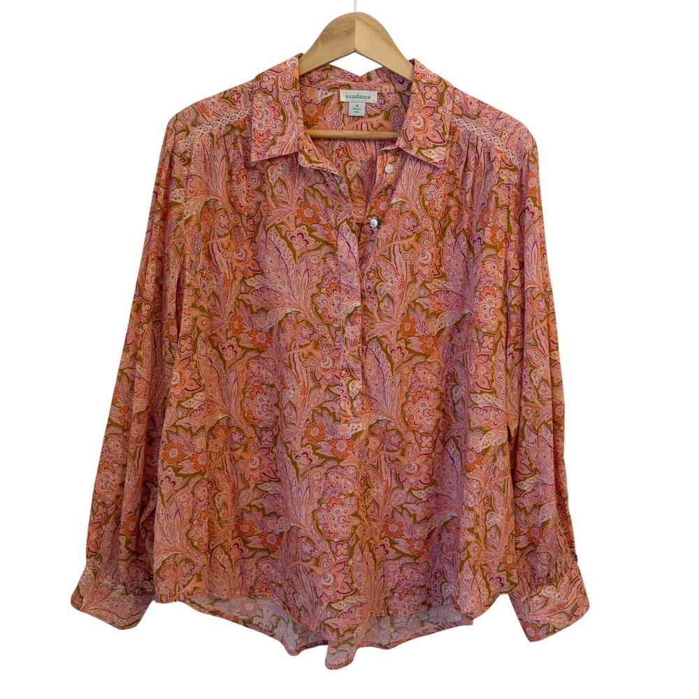 Sundance Popover Top Blouse M Cotton Lawn Paisley Floral Lace Trim Boho Summer - Picture 2 of 11